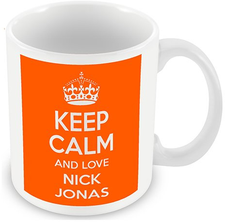 Keep Calm and Love Nick Jonas (Orange) Mug / Cup (choose to personalise with any name, photo, message or colour) - Celebrity inspired fan tribute gift