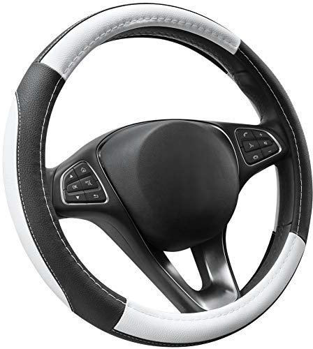 COFIT Anti-Rutsch Lenkradbezug Auto Lenkrad üBerzug Leder Lenkradhülle Universal Mikrofaser Autolenkradbezug Autozubehör M 37-38cm Weiß and Schwarz