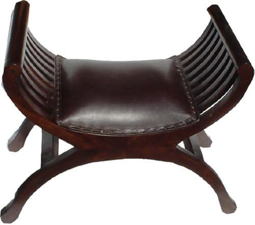 GURU SHOP Sitzbank im Kolonialstil Klein mit Gepolsterter Ledersitzfläche - Modell 6, Braun, 60x60x40 cm, Sitzmöbel