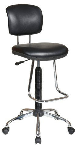 Office Star DC Series Pneumatic Drafting Chair with Vinyl Stool and Back, Heavy Duty Chrome Teardrop Footrest, Black