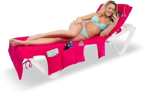 ITSA Velour Beach Towel with Pockets & Handles | 100% Cotton Foldable Sun Lounger Cover | Carry Bag | Secure Storage Beach Towel (Coral Pink)