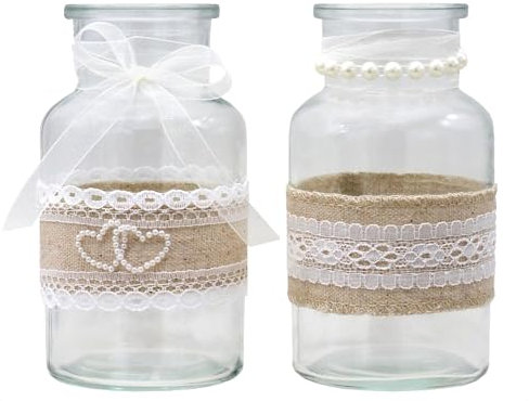 ZauberDeko 2 Vasen Gläser Spitze Creme Hochzeit Vintage Tischdeko Natur Jute Deko