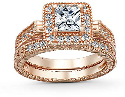 1Ct Quadratischer Solitär Cubic Zirconia Brilliant Princess Cut Halo Aaa Cz Pave Milgrain Eternity Band Anniversary Engagement Wedding Ring Set Für Frauen Rosengold Vergoldet Sterling Silber