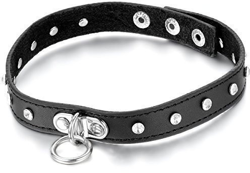 JewelryWe Schmuck Herren Damen Halsband, Sexy Nieten Choker Halsfessel Halsreif großem O-Ring, Leder Legierung, Schwarz Silber