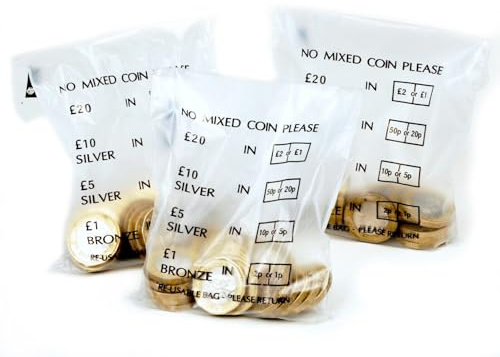 Bag It Plastics Money/Coin Bags - Pack of 50 Durable Plastic Money Bag's for Coins, Cash & Notes - Secure Bank Bags for Banking UK, Cash Handling, and Coin-Sorting