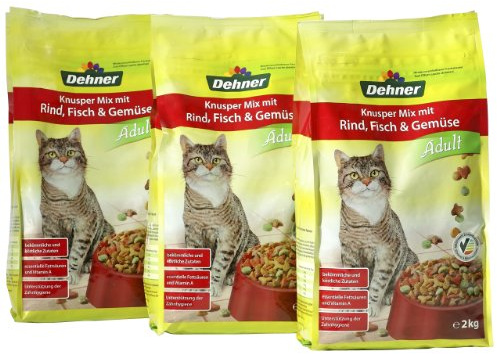 Dehner Katzenfutter Knusper-Mix, Trockenfutter zuckerfrei, für ausgewachsene Katzen, Rind / Fisch / Gemüse, 6 x 400 g (2.4 kg)