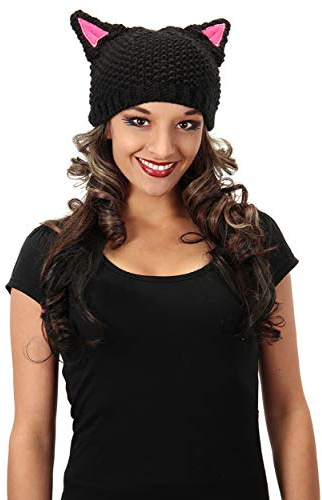 elope Knitted Black Cat Beanie - Plush Fleece Beanie with Embroidered Features and Knit Ears, Costume Headwear Standard