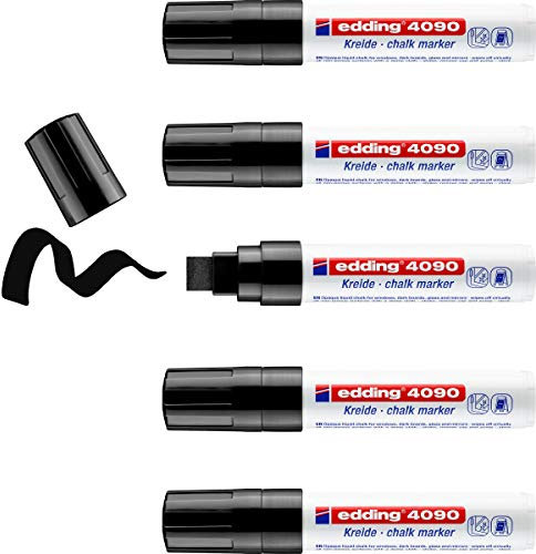 edding 4090 marcador de tiza - negro - 5 rotuladores de tiza - punta biselada 4-15 mm - rotuladores para cristal borrables - para pizarras, vidrio y espejos - tiza líquida de cobertura opaca