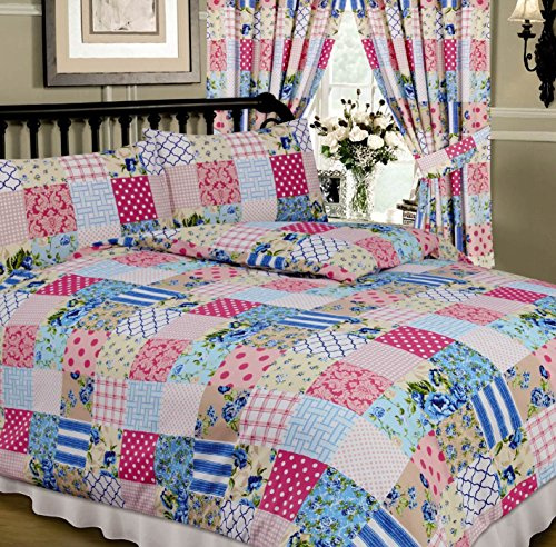 Patchwork Blue, King Size Bed Duvet/Quilt Cover Set, Floral Damask Polka Dots Spots Flowers Thatch Weave Tartan Check, Pink Blue Cream White Beige