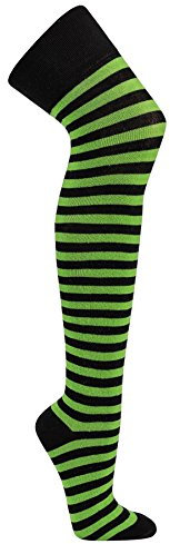 Krautwear® Damen Gestreifte Overknees Strümpfe Ringelstrümpfe Karneval Fasching Cosplay 80er Jahre (schwarz-grün)