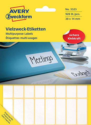 Avery Zweckform 3323 Haushaltsetiketten selbstklebend (38x14mm, 928 Aufkleber auf 29 Bogen, Vielzweck-Etiketten für Haushalt, Schule und Büro zum Beschriften und Kennzeichnen) blanko, weiß
