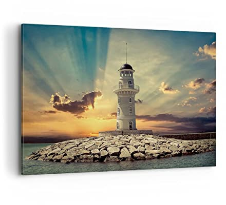Wandbilder Dekoration Wohnzimmer Leuchtturm Wasser Meer Steine Bilder auf Leinwand 120x80cm Leinwandbild Schlafzimmer Deko Wand Kunstdruck Art Groß XXL Wanddeko Bild Wall Decor Canvas AA120x80-2895