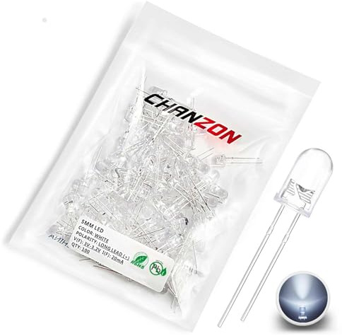 Chanzon 100 pcs 5mm White LED Diode Lights (Clear Round Transparent DC 3V 20mA) High Intensity Super Bright Lighting Bulb Lamps Electronics Components Light Emitting Diodes
