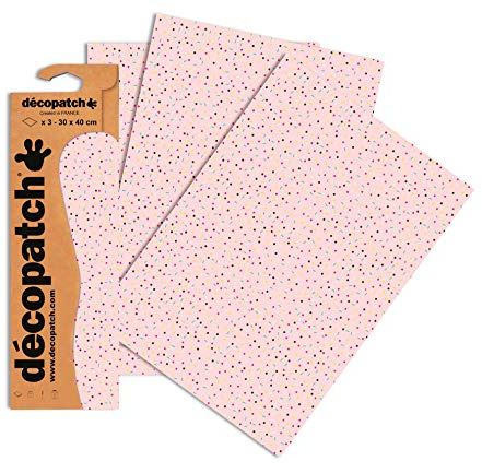 Décopatch - Ref C681O - Pastel Pink Confetti Pattern Paper Pack - Each Sheet 30 x 40cm, Pack of 3 Paper Sheets - Best Used With Décopach Glue & Varnish, Pink