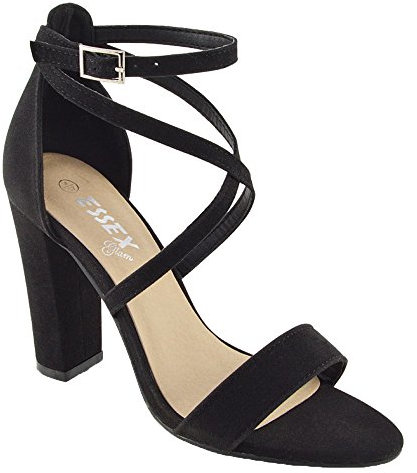 ESSEX GLAM Damen-Sandalen mit Knöchelriemen, Blockabsatz, Riemchen, Schnalle, Abschlussball, Party, Größe 36-42, schwarzes Wildlederimitat, 38 EU