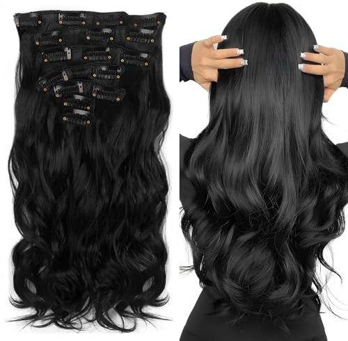 Neverland 22Full-Kopf-Klipp in den Haar-Verlangerungen Ombre Wavy Curly Dip Dye 7Pcs 16 Clips Hair Extensions Hairpiece Natural Black