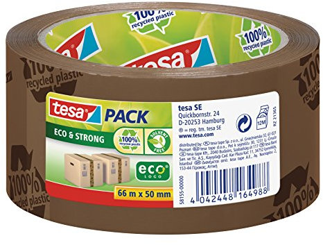 tesapack Eco & Strong - Umweltschonendes Paketband aus 100% recyceltem Kunststoff, UV- und alterungsbeständig - Braun bedruckt - 66 m x 50 mm