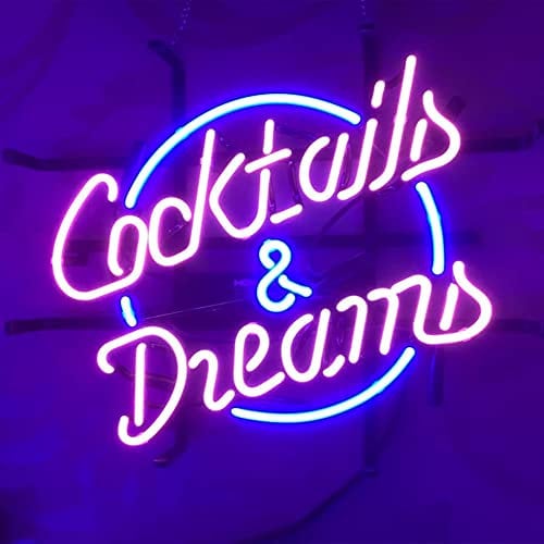 Panneau lumineux néon en verre véritable avec inscription « COCKTAILS AND DREAMS » pour maison, bar, pub, salle de jeux, fenêtres, garage, magasin mural (43,2 x 35,6 cm, grand)