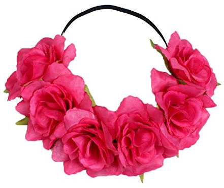 Floral Fall Rose Holiday Christmas Crown Festival Headbands Hippie Flower Headpiece F-53 (Fuchsia), Fuchsia, 1 Count (Pack of 1)