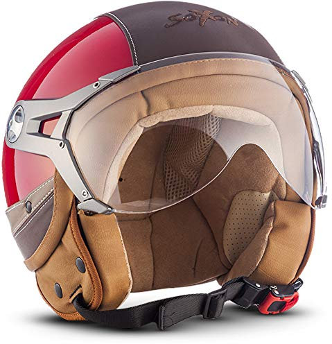 SOXON® SP-325 Urban „Red“ · Jet-Helm · Motorrad-Helm Roller-Helm Scooter-Helm Moped Mofa-Helm Chopper Retro Vespa Vintage Pilot · ECE 22.05 Visier Leather-Design Schnellverschluss Tasche L (59-60cm)