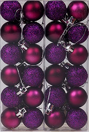 Set Of 24 Mini Christmas Shine Glitter Tree Baubles Decorations - Purple