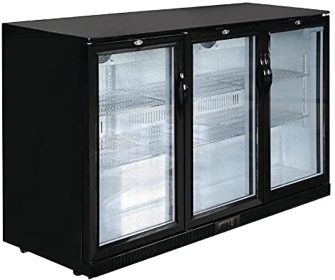 Polar GL014 Reduced Height Triple Hinged Door Bottle Cooler, 320L, 320 L | Fits easily under low counters to maximise bar space, offering quick access to chilled drinks across three compartments.