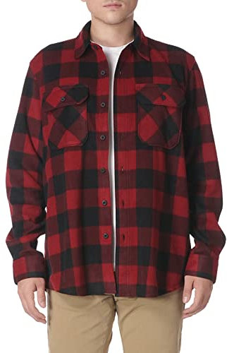 Wrangler Authentics Men's Long Sleeve Plaid Fleece Jacket Button Down Shirt, Red Buffalo Plaid, XL UK