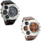 JewelryWe 2pcs Herrenuhren Zwei Zeitzone Kompass Thermometer Kalender Analog Quarz Armbanduhr Leder Armband Sportuhr mit Digital Zifferblatt Schwarz/Braun