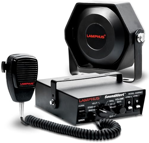 LAMPHUS SoundAlert 12V 100W Police Siren PA System Kit [Slim Speaker] [118-124dB] [Handheld Microphone] [Hands-Free] Warning Emergency Siren for Vehicles Tow Truck UTV ATV Van Car POV RV
