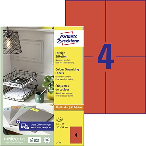 AVERY Zweckform 3456 Rote Etiketten (400 Aufkleber, 105x148mm auf A4, permanent haftend, selbstklebende Farbetiketten, Papier matt, bedruckbare, farbige Klebeetiketten) 100 Blatt