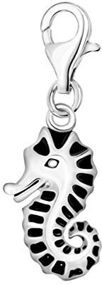 Quiges Charm Anhänger Schwarz Emaille 3D Ozean Seepferd 925 Silber mit Karabinerverschluss für Bettelarmband