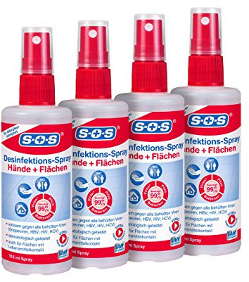 SOS Desinfektions-Spray, 4 x 100 ml Sprühflasche, Handdesinfektion gegen 99,99% der Bakterien, Pilze und Viren*, geeignet zur Desinfektion von Flächen und Gegenständen