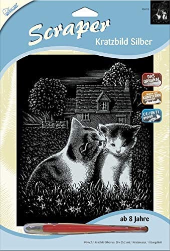 Mammut Spiel & Geschenk 80072310 136010 - Kratzbild, Motiv spielende Katzen, silber, glänzend, Komplettset mit Kratzmesser und Übungsblatt, Scraper, Scratch, Kritzel, Kratzset für Kinder ab 8 Jahre