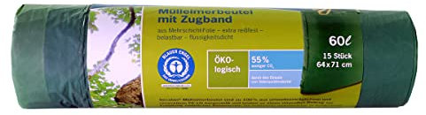 inapa Müllbeutel/Müllsack Secolan 60l mit Zugband, grün – ✓extra reißfest ✓wasserdicht ✓100% recyclingfähig – 1 Rolle/15 Stück