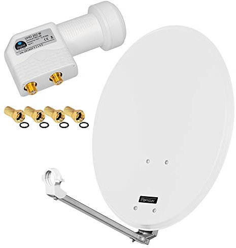 HD Digital SAT Anlage 60cm ALU Spiegel Schüssel Hellgrau + Twin LNB 2 Teilnehmer zum Empfang von DVB-S/S2 Full HD 3D 4K Ultra HD (UHD) Signale + Stecker Gratis dazu im Set