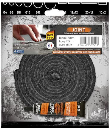 Pyro Feu Junta refractaria 6mm x 2,5m + Tubo Pegamento 24921-6, Fibra De Vídrio, Negra, Ø 6 mm x 2,5 m