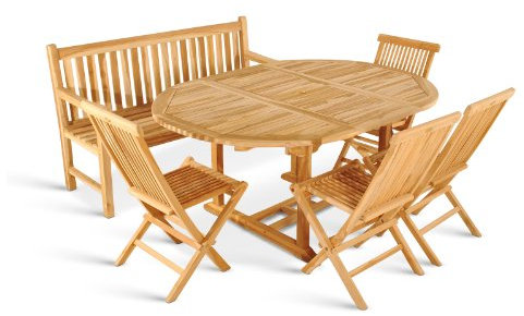 SAM® Teak Holz Gartengruppe Borneo, Gartenmöbel 6tlg., Sitzgruppe aus 1 x Auszugstisch + 4 Klappstuhl Menorca + 3er Sitzbank Caracas