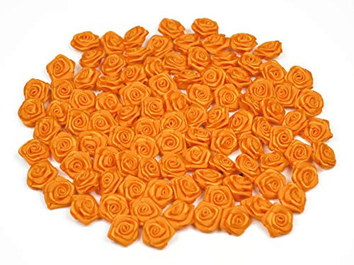 Rosen 15 mm x 100 Stück Satinrosen Aufnäher Deko Blumen Röschen zum Basteln Haarschmuck kleine Rosenköpfe Farbe: orange 668