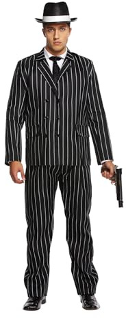 HENBRANDT Premium Gangster Mob Boss Adult Fancy Dress Costume - Classic Black Pinstripe 1920s Mafia Suit, One Size Fits Most Party Outfit for Halloween Themed Events