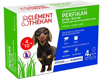 Perfikan Petits Chiens 67 mg/600 mg Clément Thékan - Anti-Puces/Tiques/Moustiques/Phlébotomes - Protège votre animal jusqu'à 4 semaines - Fabriqué en France - 1,5 kg à 4 kg - 4 pipettes application Spot On