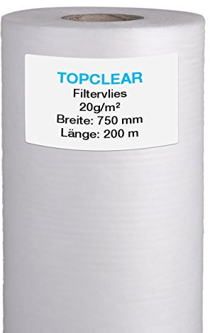 Filtervlies für Vliesfilter | Vliesrolle 200m x 75cm 20g/m² | für alle Koi Teich Vlies-Filter geeignet | hydrophiles wasserdurchlässiges Fleece | 750mm Topclear Filtervlies in Profiqualität