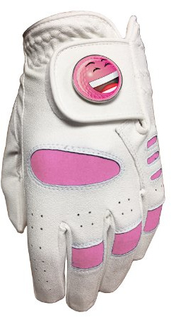 JUNIOR GIRLS PINK GOLF GLOVE. SIZE SMALL. PINK LAUGH GOLF BALL MARKER.