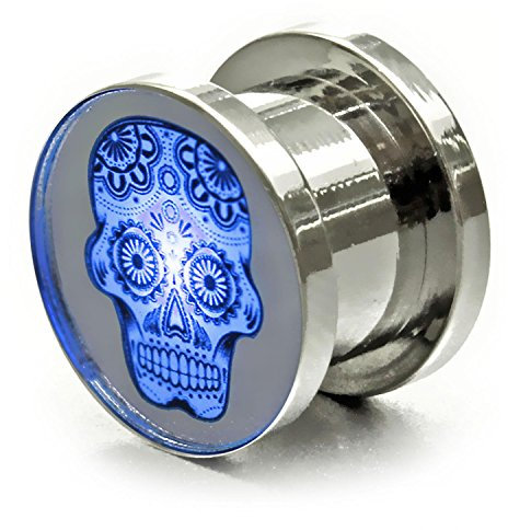 LED Totenkopf Flesh Tunnel Ohr-Plug/Skull Flesh Leuchtender Plug Tunnel Piercing mit Licht Länge 12 mm, Farbe Blau