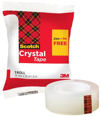 Scotch Crystal Ruban Adhésif Transparent, 1 Rouleau, 19 mm x 25 m + 8 m GRATUITS - Ruban Adhésif Transparent à Usage Général pour l'Ecole, la Maison et le Bureau