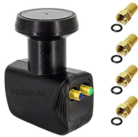 PremiumX Twin LNB pour 2 utilisateurs - Convertisseur de Signal TV avec Protection Contre Les intempéries - LNB Sat numérique en Noir Inclus avec 4 connecteurs F - DVB-S2 8K UHD 4K Full HD