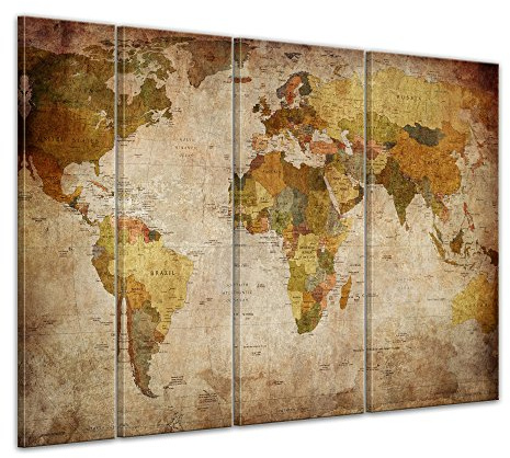 Bilderdepot24 Bild auf Leinwand | Weltkarte retro I in 180x120 cm mehrteilig als Wandbild XXL | Wand-deko Dekoration Wohnung modern Bilder | 202101