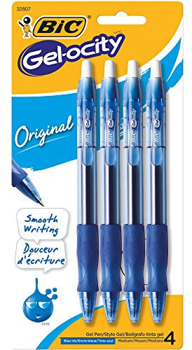 Bic Gelocity - Bolígrafos de gel azules originales, punta media (0.7 mm), paquete de 4 unidades, bolígrafos de gel retráctiles con agarre cómodo