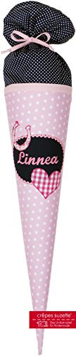 crepessuzette Schultüte mit Namen, Hufeisen und Herz Motiv Linnea