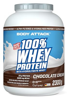 Body Attack 100% whey protéine, protéines musculation - protein powder crémeuse avec hydrolysat et BCAA, prise de masse et régimes, pour athlètes et sportifs - Fabriqué en Allemagne - 2,3 kg Chocolat