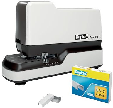Rapid 20942901 - Grapadora Eléctrica Contactless 90EC Pro, Grapadora Automática de Oficina, Diseño Resistente y Manos Libres, 630 Grapas Incluidas, Blanca, 50 Hojas